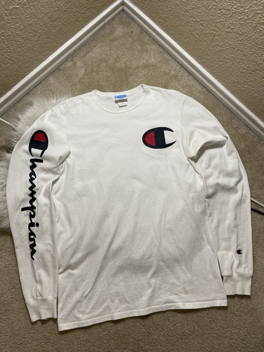 Champion Men's Classic Logo Long Sleeve T Shirt Size Large White